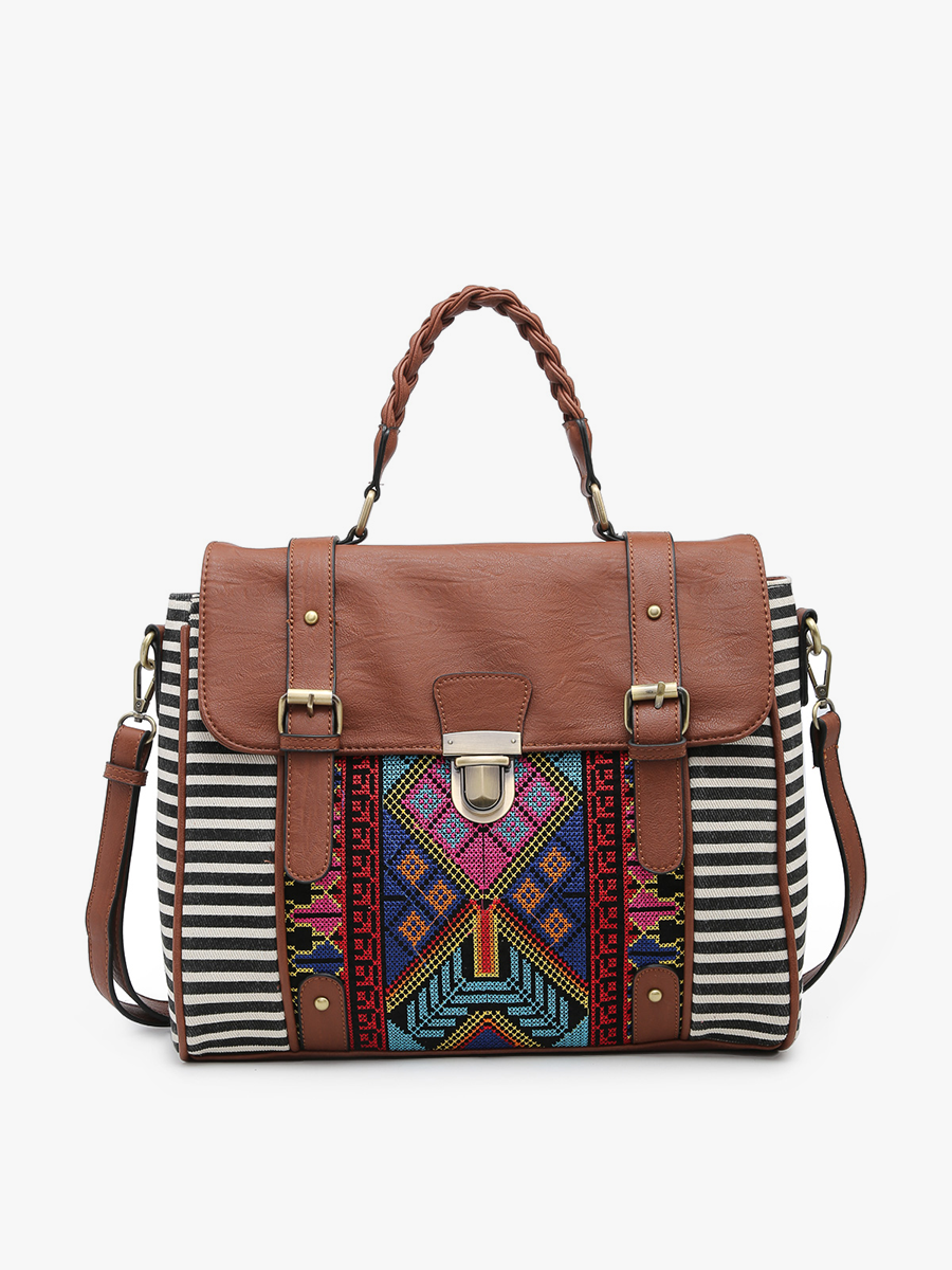 Harlow Aztec Embroidered Satchel: Sand/Blue