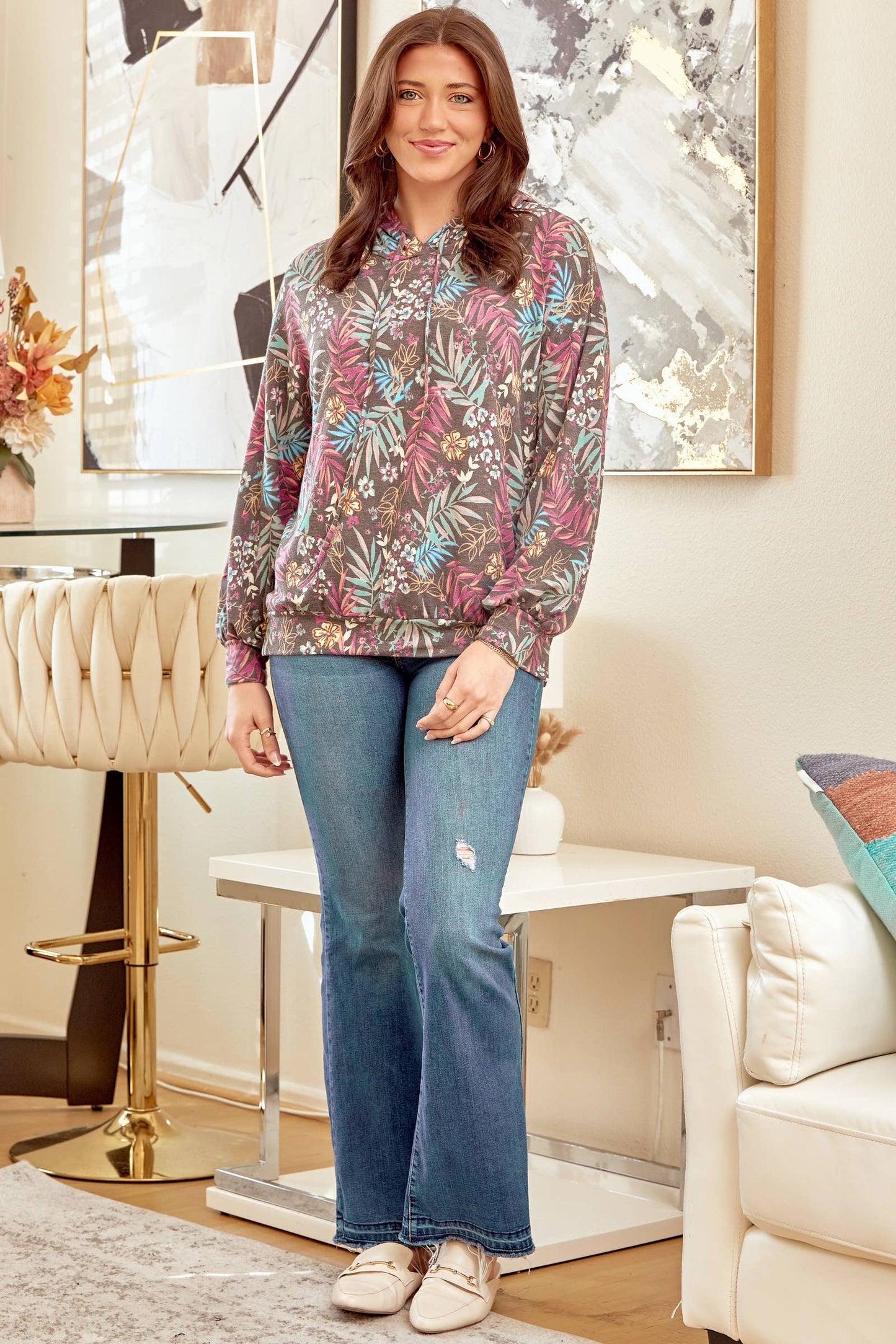 Fun Print Multicolor Long Sleeve Hoodie T1439-M0020: CHARCOAL MULTI / S