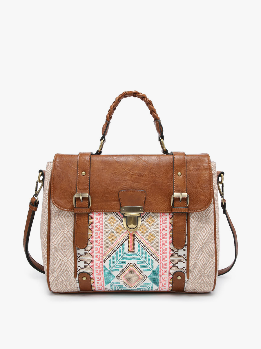Harlow Aztec Embroidered Satchel: Sand/Blue