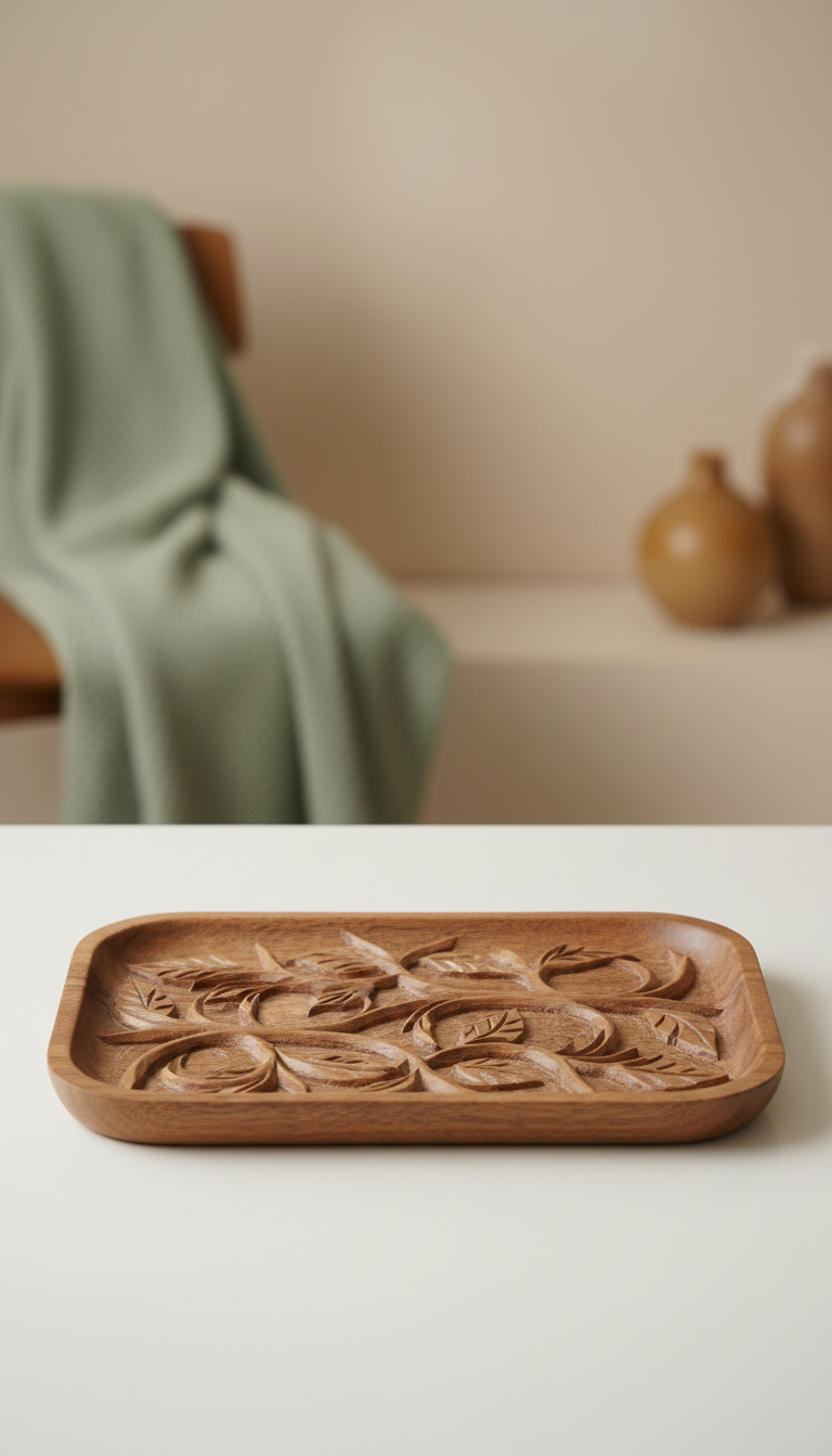 Carved Hardwood Tray with Sculpted Handles