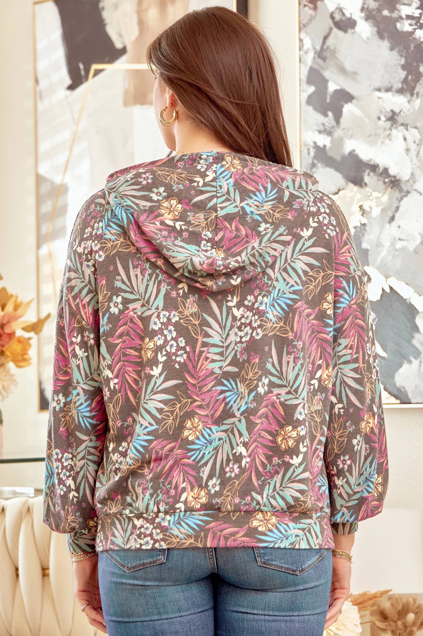Fun Print Multicolor Long Sleeve Hoodie T1439-M0020: CHARCOAL MULTI / S