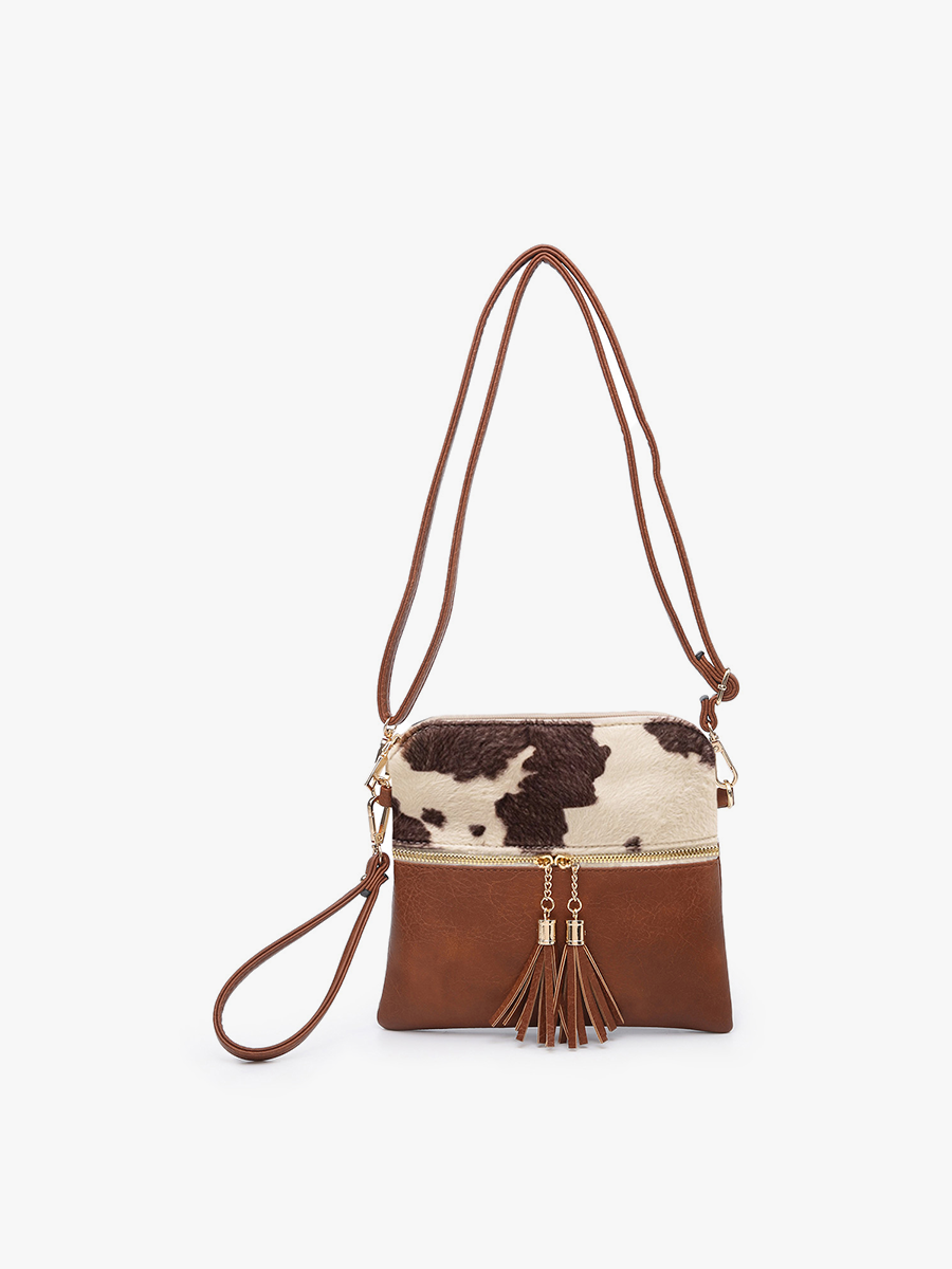 Tara Double Zip Crossbody/Wristlet: Cow-Brown