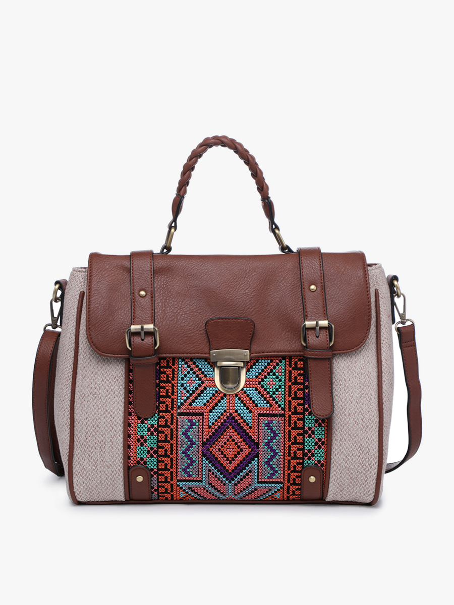 Harlow Aztec Embroidered Satchel: Sand/Blue