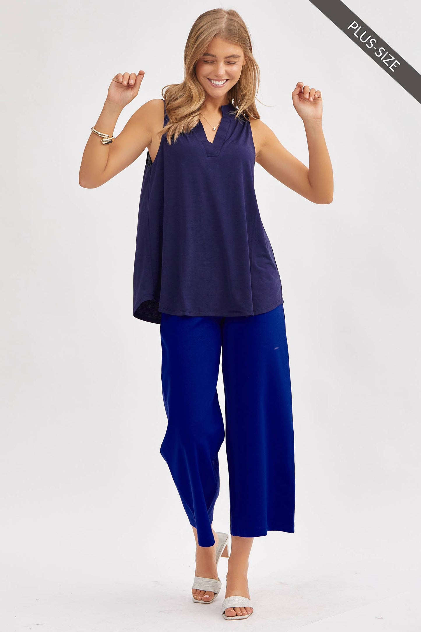 PLUS SIZE Solid Lizzy A-Line Tank Top: NAVY / 3X