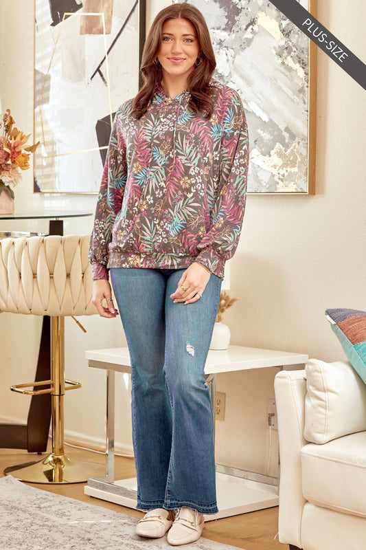 PLUS Fun Print Multicolor Long Sleeve Hoodie T1439-M0020P: CHARCOAL MULTI / 2X