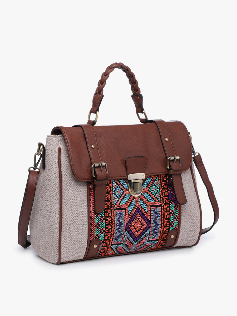 Harlow Aztec Embroidered Satchel: Sand/Blue