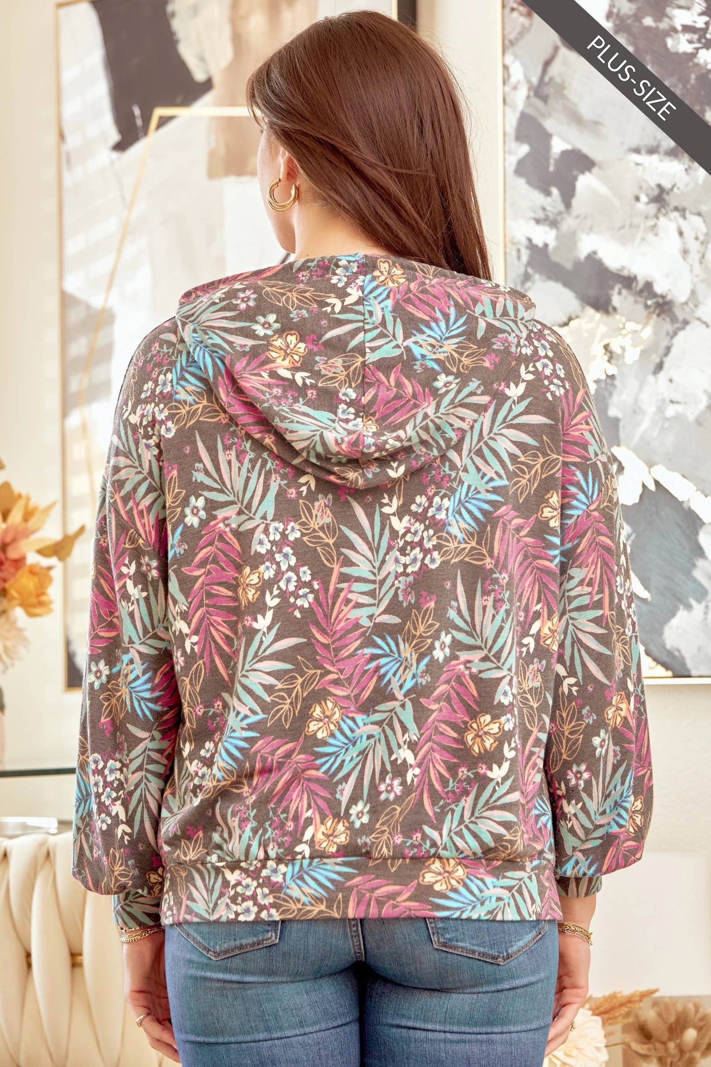 PLUS Fun Print Multicolor Long Sleeve Hoodie T1439-M0020P: CHARCOAL MULTI / 2X