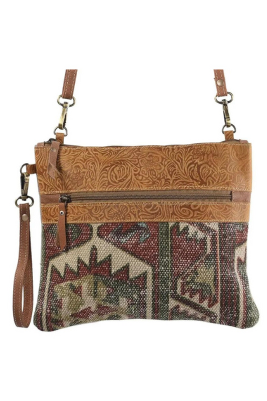 Clea Ray Crossbody Rug with Leather and Front Zipper- Vintage purse