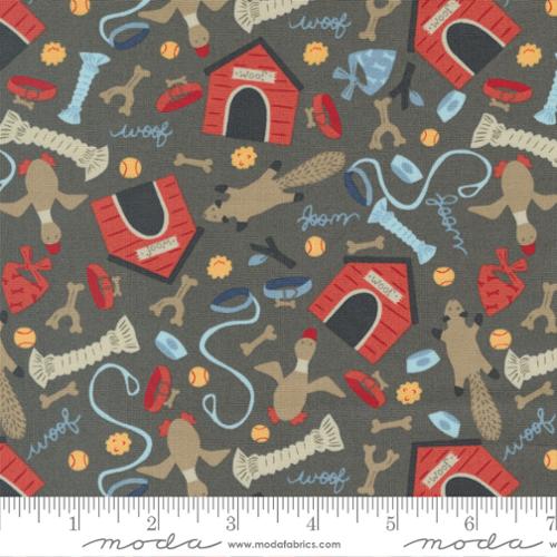 Brown fabric with images of dog toys and dog houses on it.