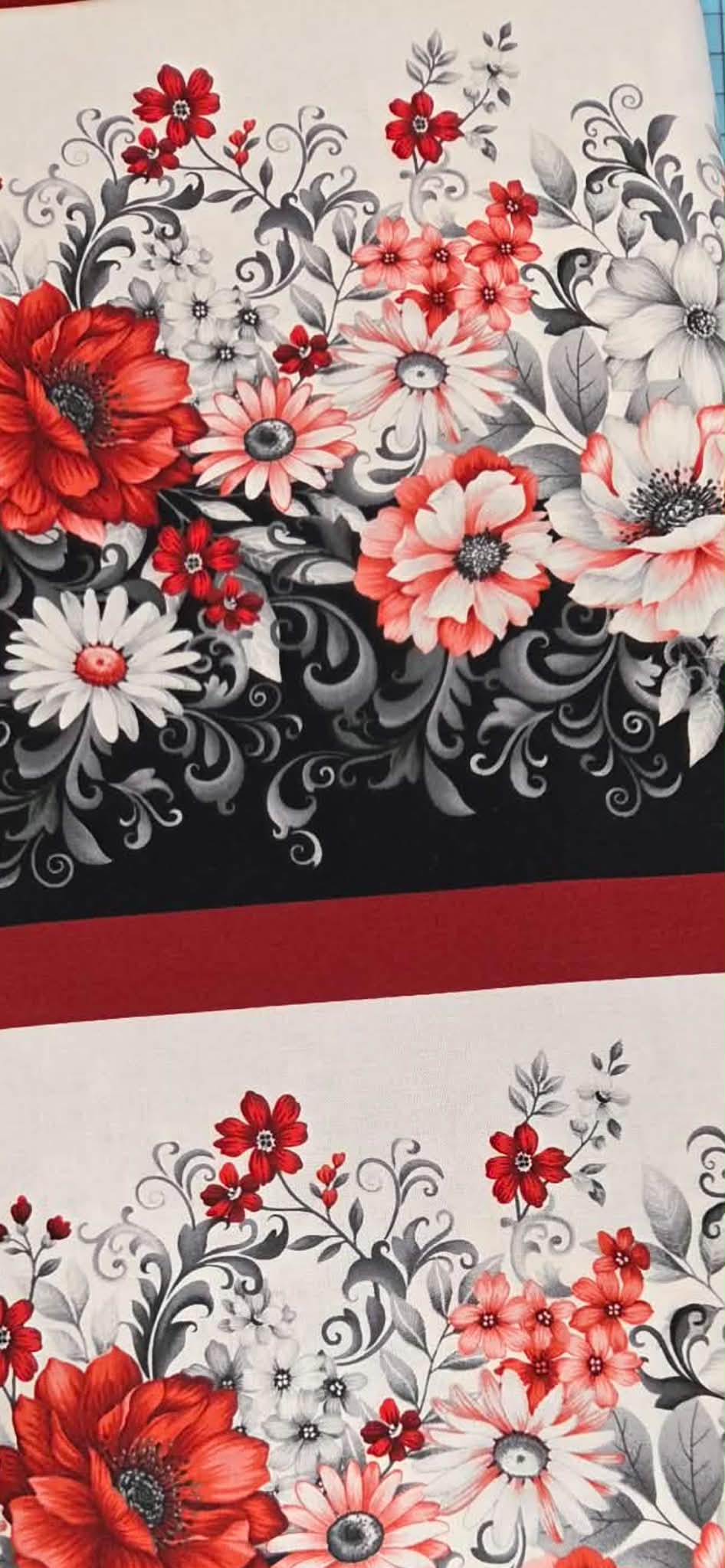 Scarlet's Treasure – Crimson Floral Border Fabric