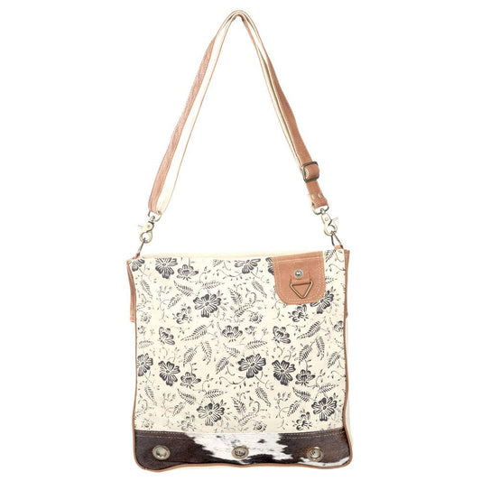 Cream Shoulder Bag With Cowhide Trim And Flowers