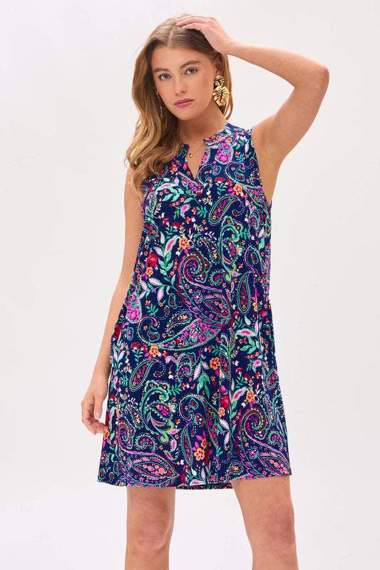 Pleated Back Tank Dress: Navy / L