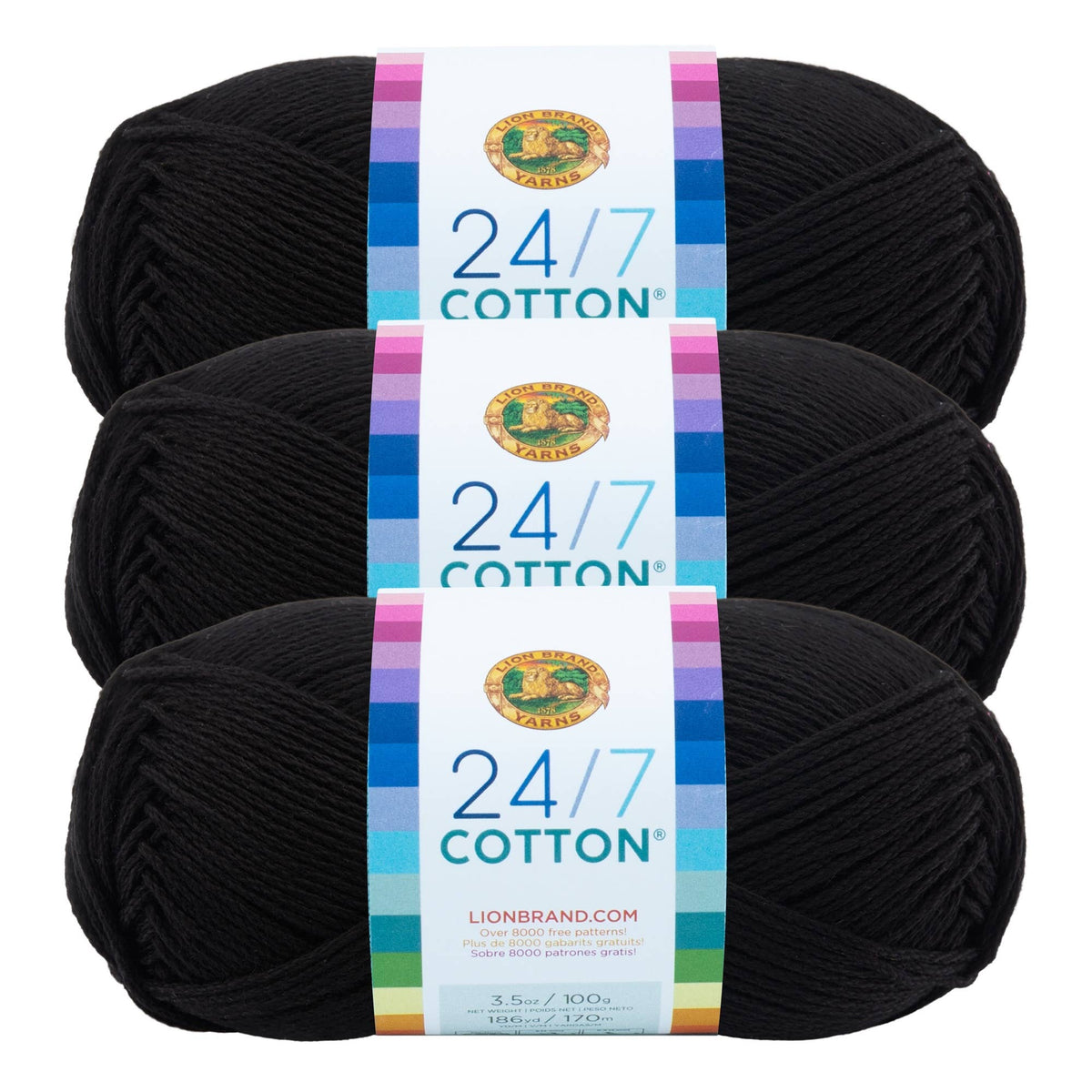 Lion Brand Yarn 24/7 Cotton Black 3 Pack