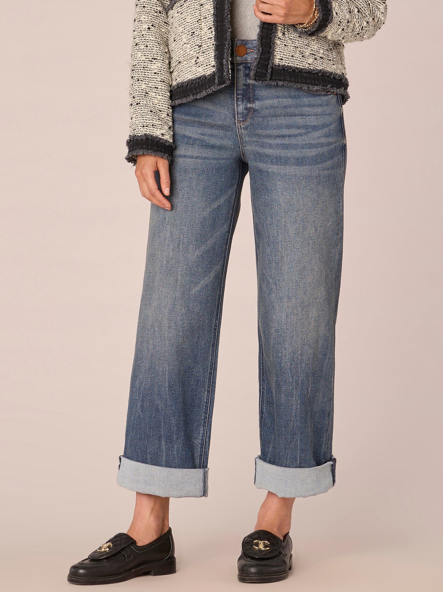 "Ab"solution High Rise Cuffed Wide Leg Jean with Double Peak Yoke