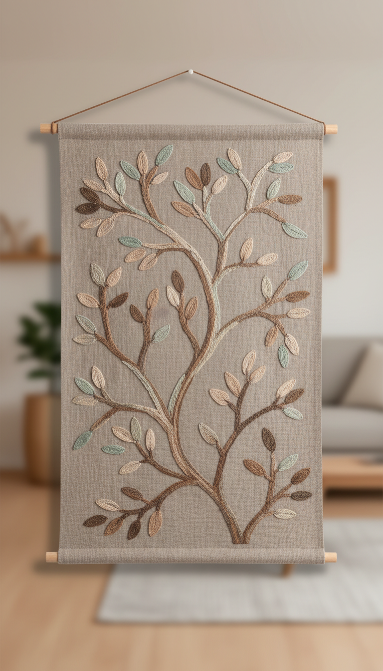 Embroidered Linen Wall Hanging with Abstract Motif