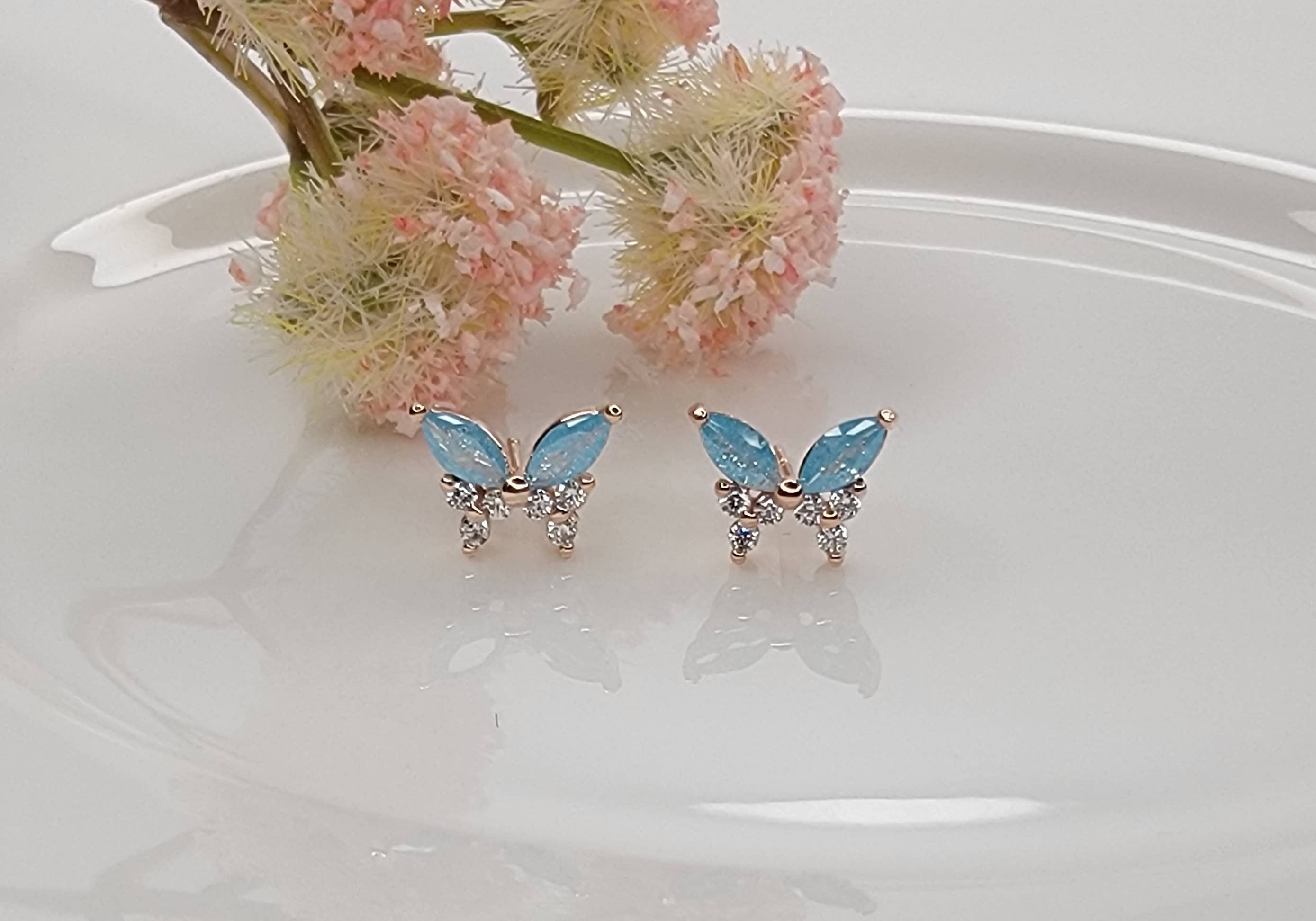 BUTTERFLY POST EARRINGS.: BLUE OPAL/GOLD