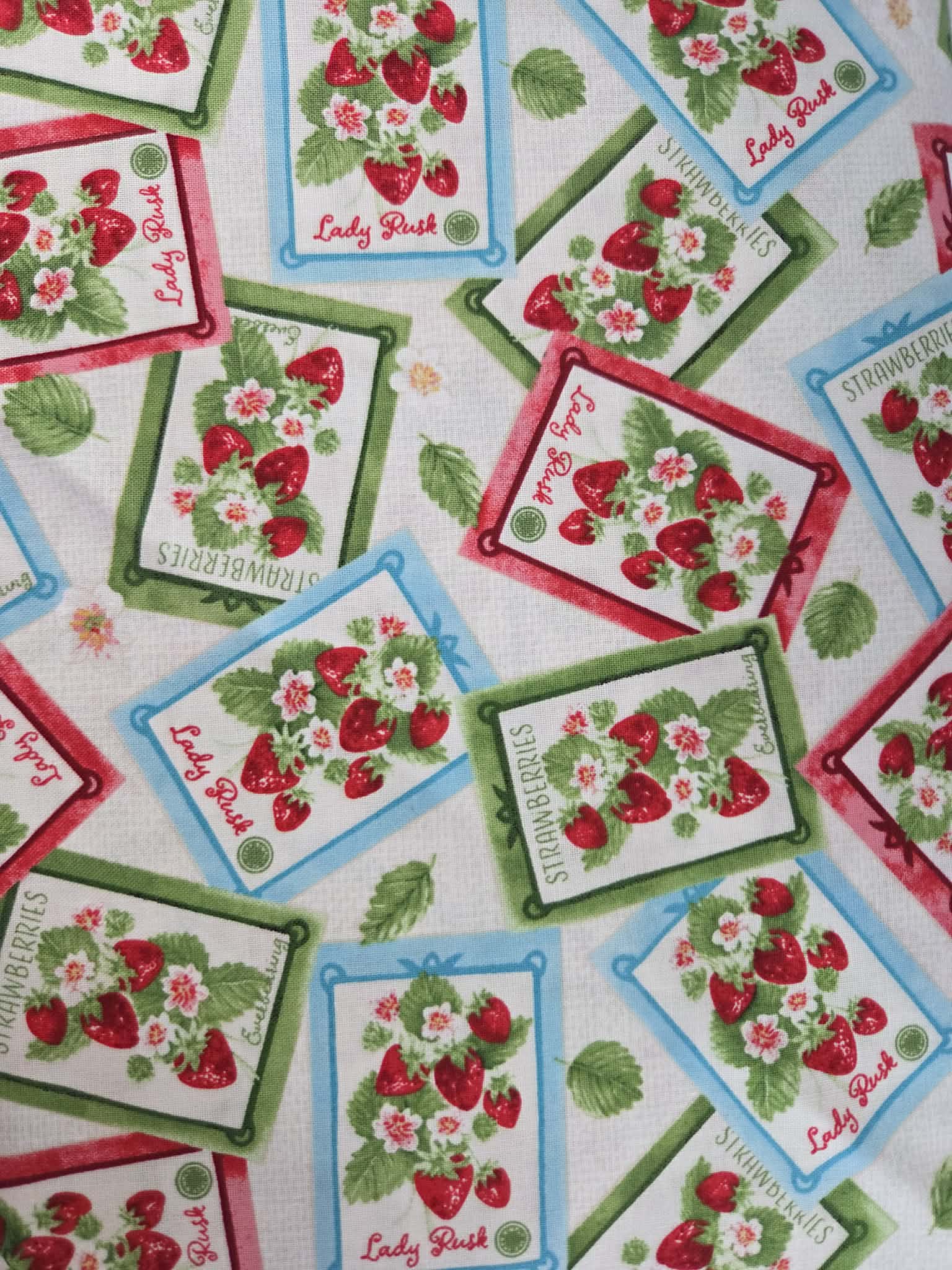 Berry Besties – Vintage Strawberry Seed Packet Fabric