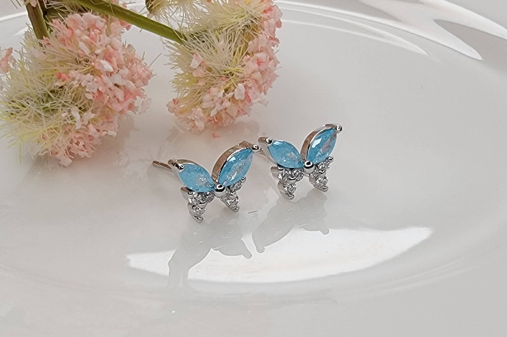 BUTTERFLY POST EARRINGS.: BLUE OPAL/GOLD