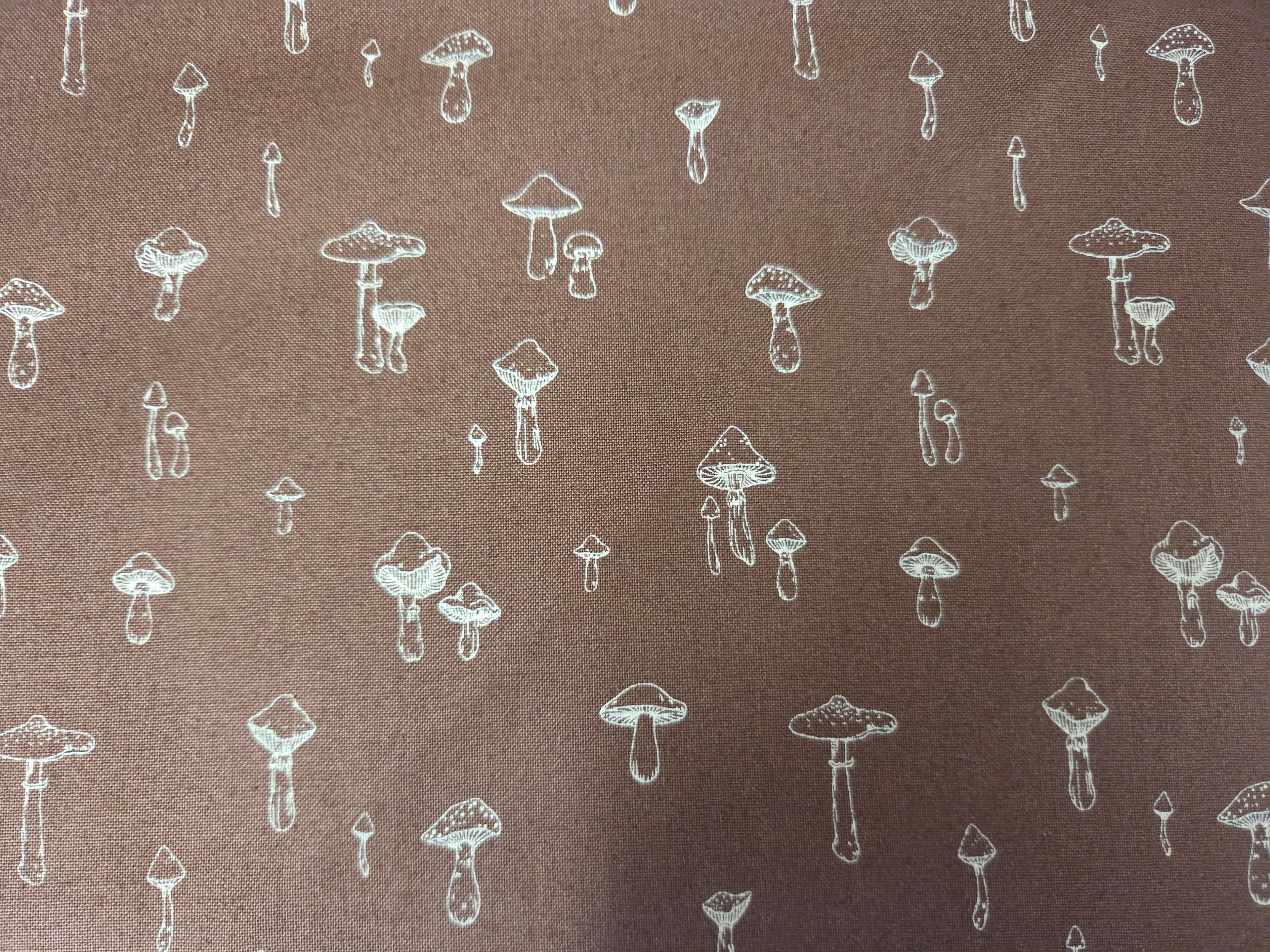 Autumn Forest – Mini Mushrooms on Brown Fabric