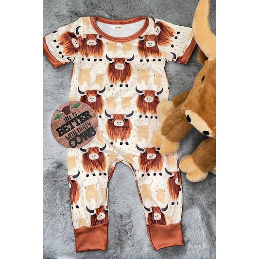 Highland Cow Printed Baby Romper with Snaps
