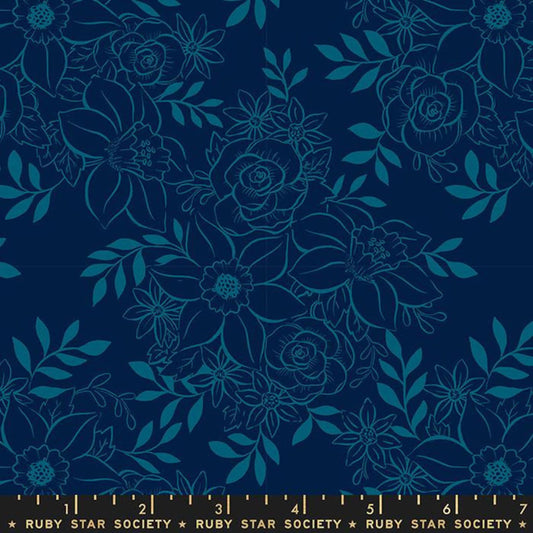 Winterglow for Moda Fabric by Ruby Star Society Navy Teal on Navy Flower  RS5108 12