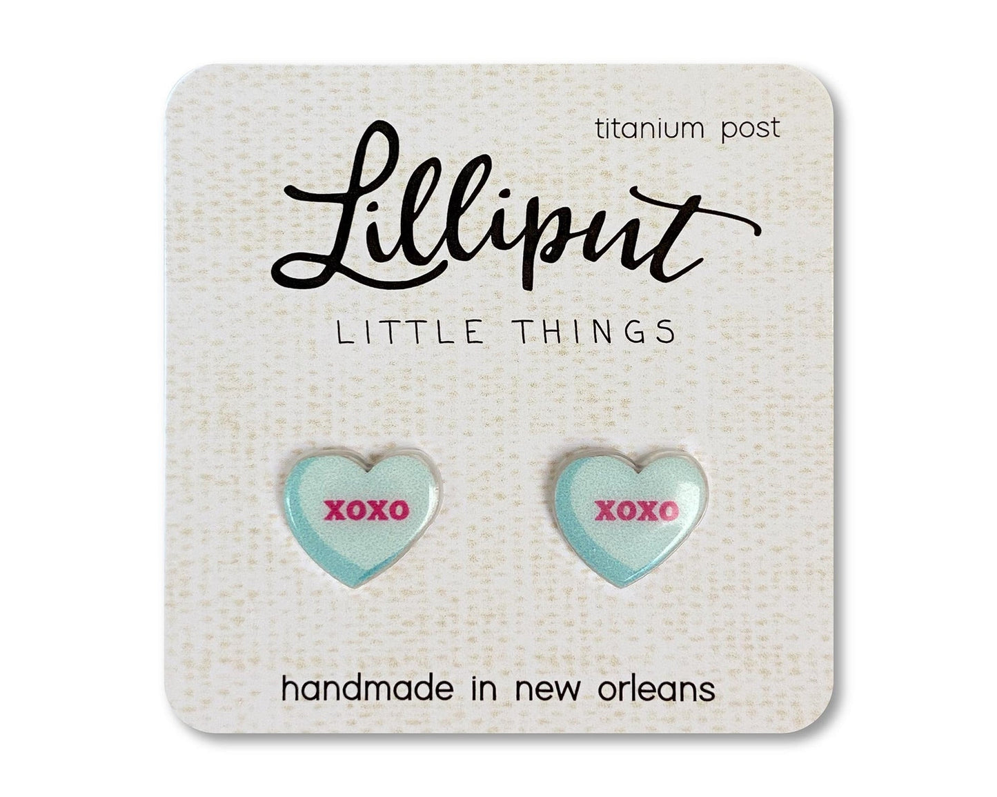 Lilliput Conversation Heart Earrings Blue XOXO Titanium Post, Hypoallergenic, 100% Nickel-free.