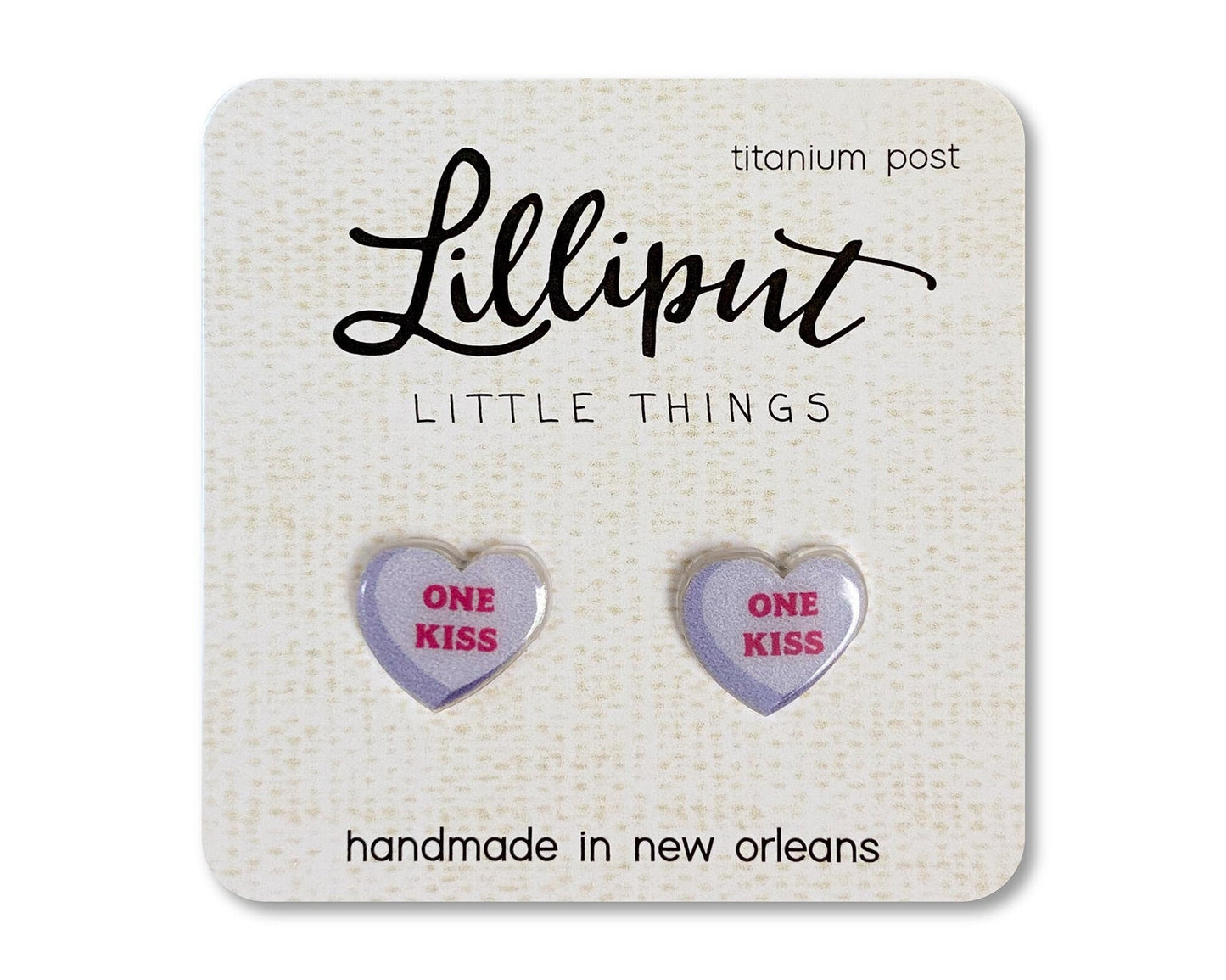 Lilliput Conversation Heart Earrings Purple One Kiss-Titanium Post, Hypoallergenic, 100% Nickel-free.