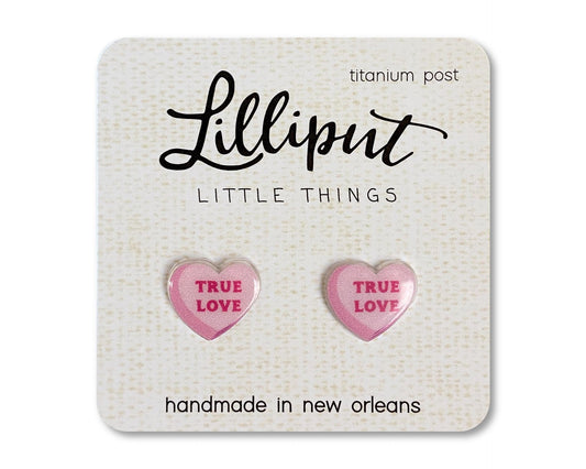Lilliput Conversation Heart Earrings- Pink True Love Titanium Post, Hypoallergenic, 100% Nickel-free.