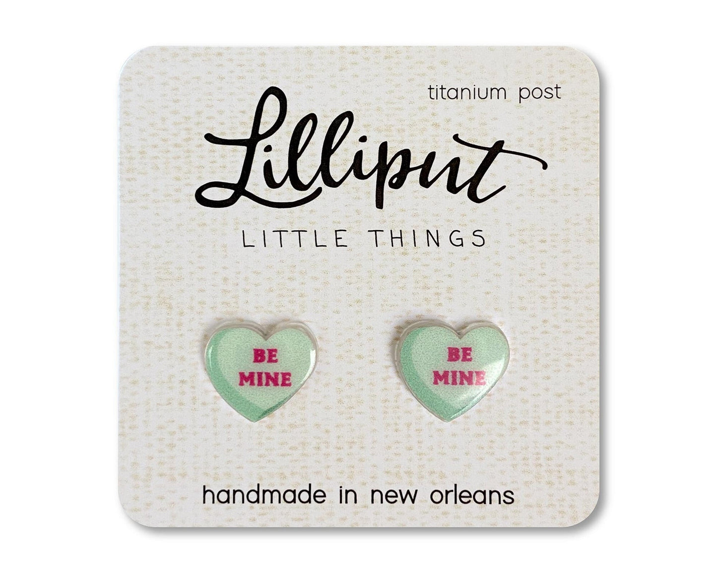 Lilliput Conversation Heart Earrings Green Be Mine Titanium Post, Hypoallergenic, 100% Nickel-free.