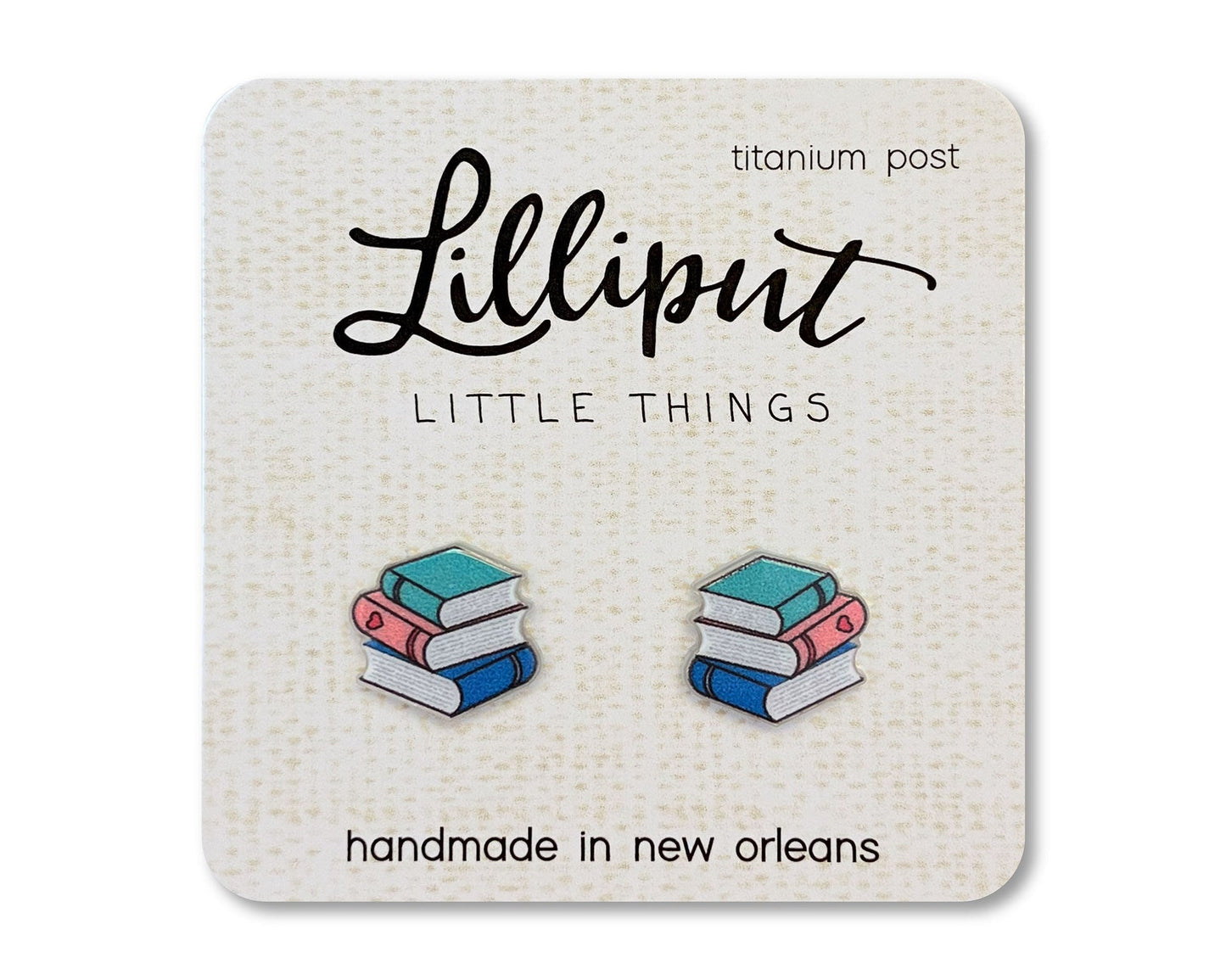 Lilliput Book Stack Earrings Titanium Post, Hypoallergenic, 100% Nickel-free.